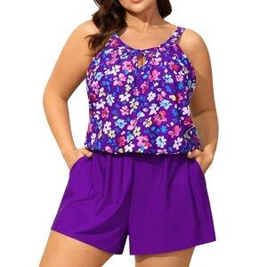 Bloomchic Ditsy Floral Print Keyhole Pockets Swim Romper Size 14/16 Dark Violet